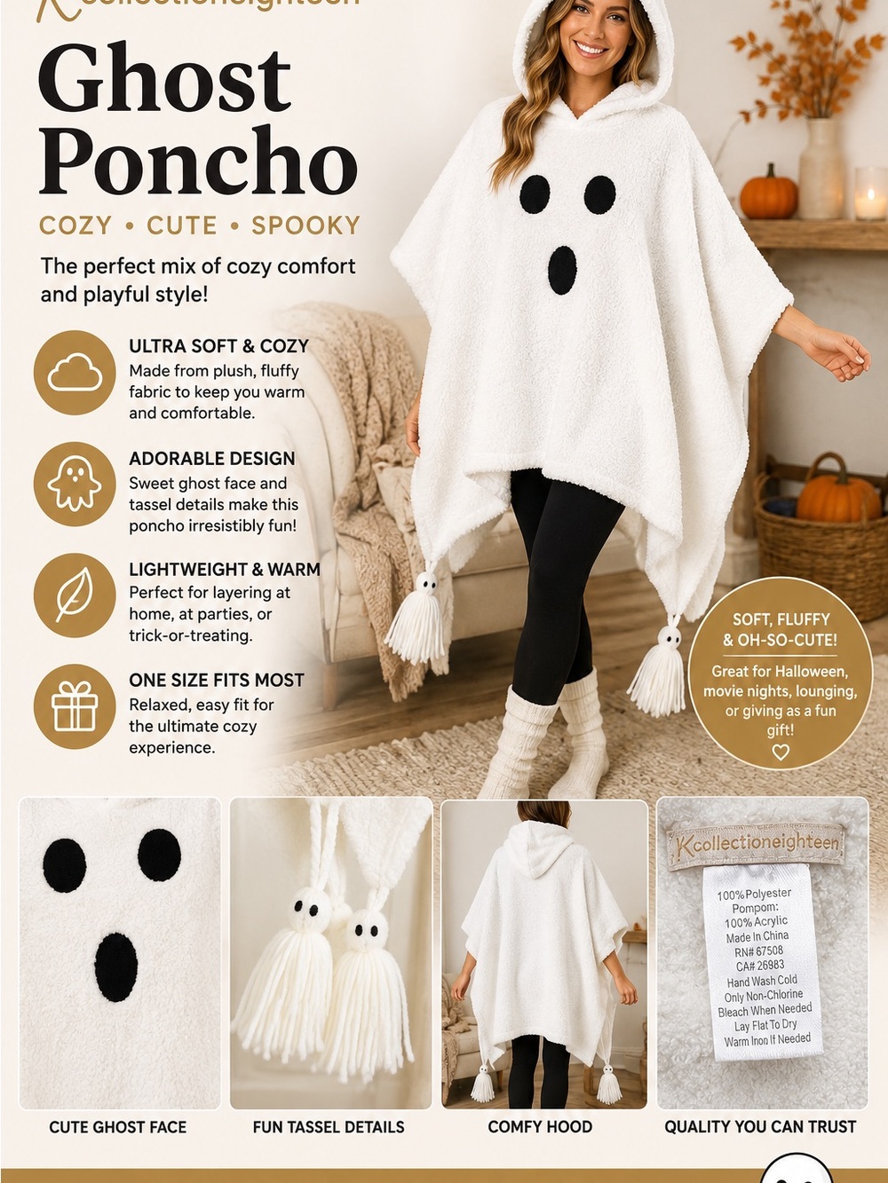 Ghost Poncho Hoodie - White Cozy Sherpa